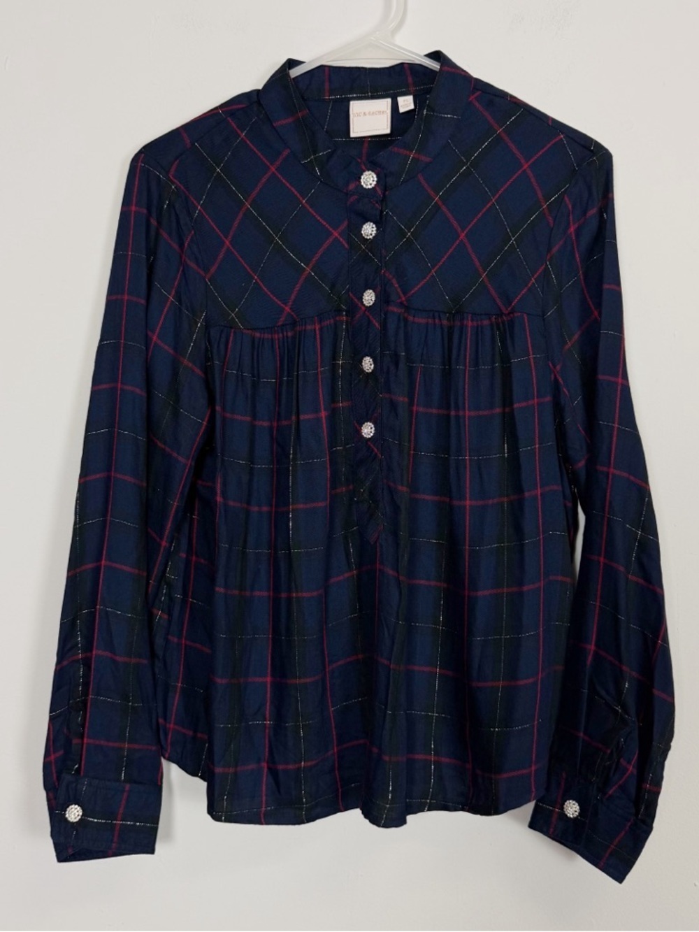 Zac & Rachel Plaid Popover Shirt Womens PL Large Blue Green Plaid Rhinestone